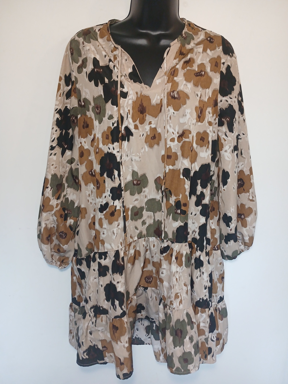 Boho Floral Tiered Long-Sleeve Dress in Beige, Olive & Black